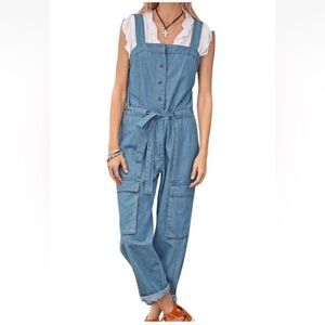 Sundance Valerie Chambray Cargo Jumpsuit Size 14 New Boho Vintage Look